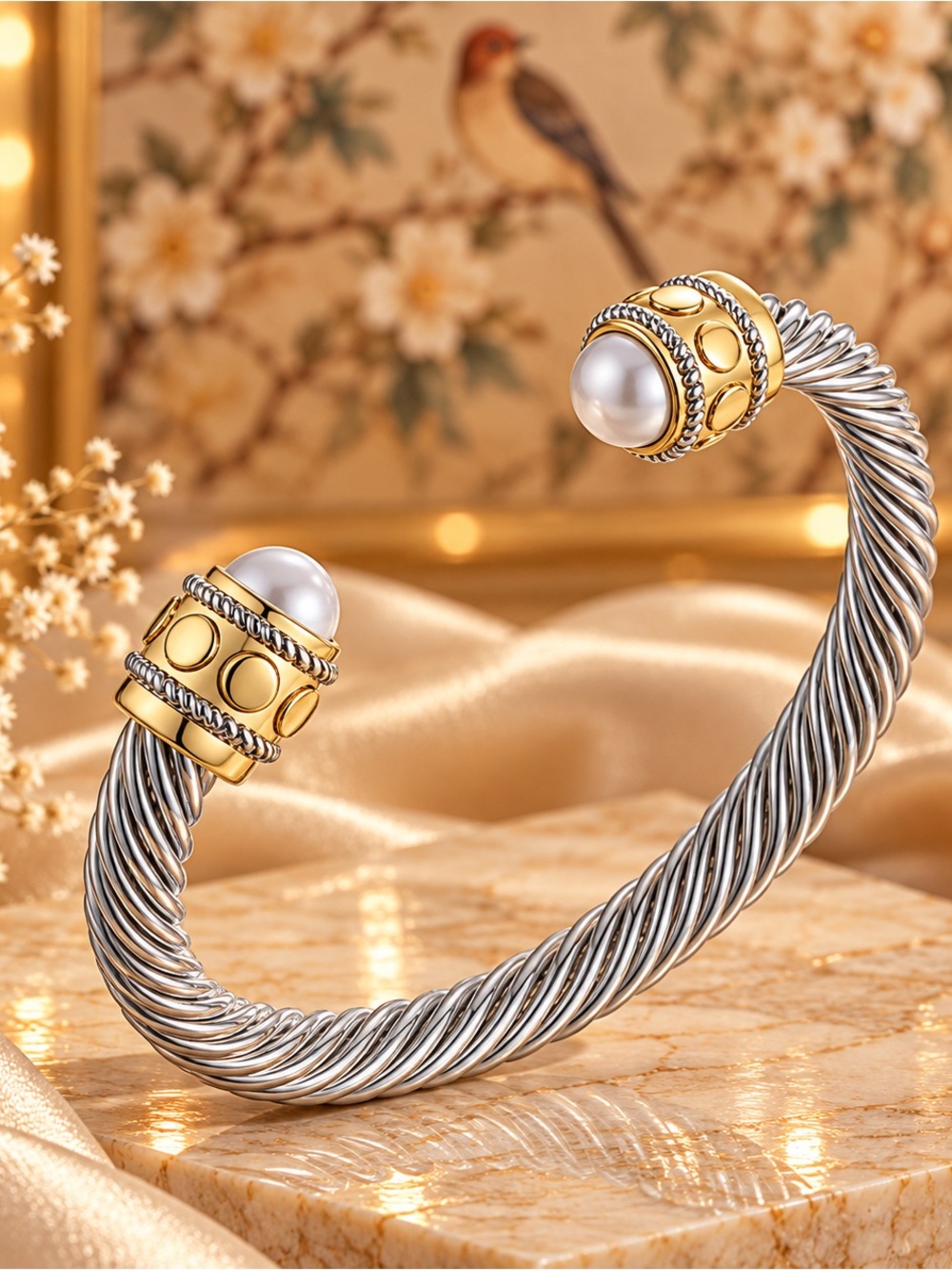 Pearl Cuff Bracelet Two Tone Cable Twist Open Bangle Statement Jewelry